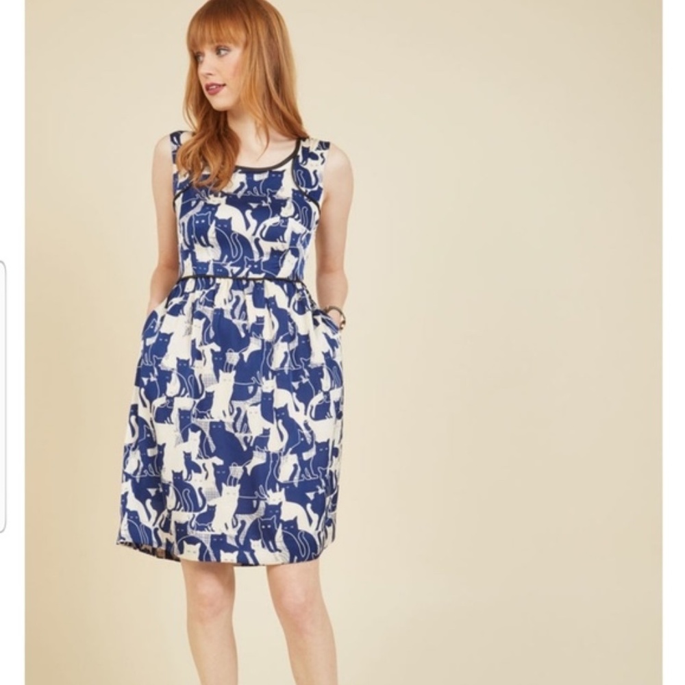 Modcloth Blue and White Cat Print Sleeveless Dress